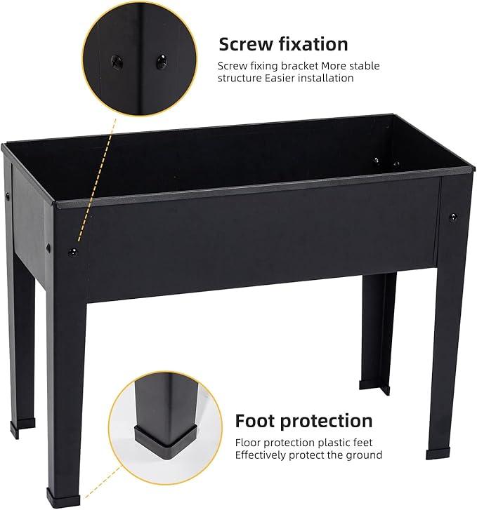 Raised Garden Bed, Elevated Planter Black Metal Plant Box with Legs Standing Garden Stand Drainage Holes Black(Black 24