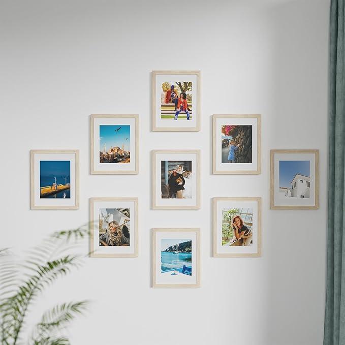 Vittanly 11x14 Picture Frames Set of 9, Shatter Resistant Plexiglass, Display 8x10 Pictures with Mat or 11x14 without Mat, Photo Frames for Wall or Tabletop, Engineered Wood, OAK