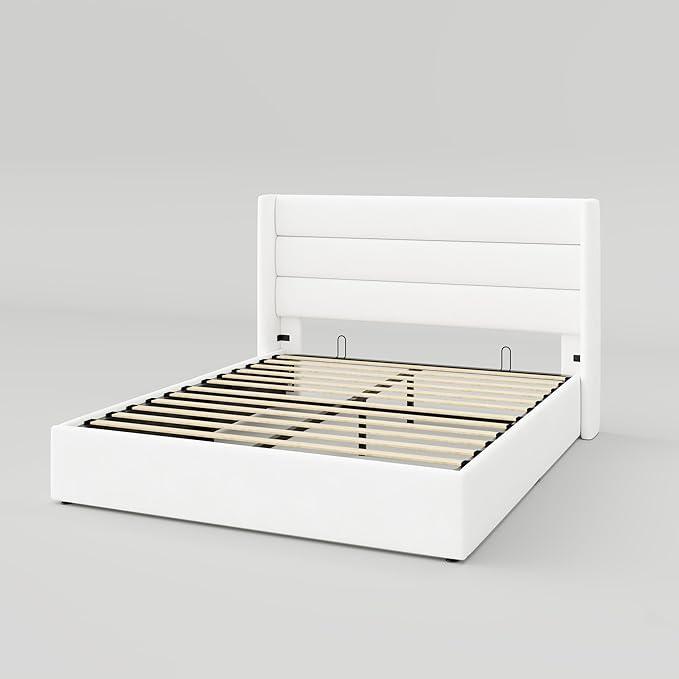 Allewie Queen Size Velvet Lift Up Storage Bed, Modern Wingback Headboard, Hydraulic Support, No Box Spring Needed, White