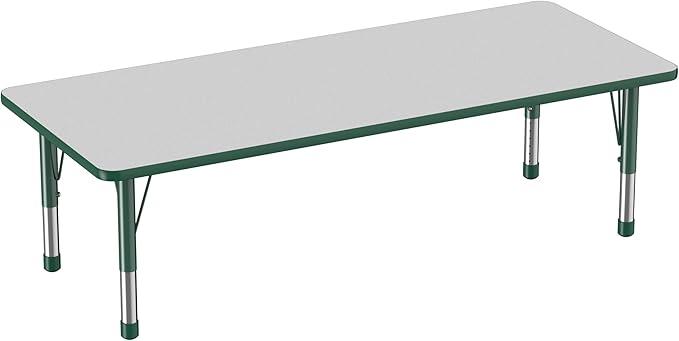 FDP Rectangle Activity School and Classroom Kids Table (30 x 72 inch), Chunky Toddler Leg, Adjustable Height 15-24 inches - Gray Top and Green Edge