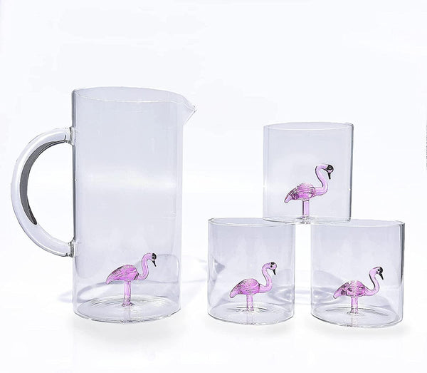 The Wine Savant Flamingo Pitcher & 4 Glasses Set Decanter with 4 Pink Flamingo Glasses 9oz Elegant Glass Set, Great for Water Iced Tea, Sangria, Lemonade, and More! 1300ml 9