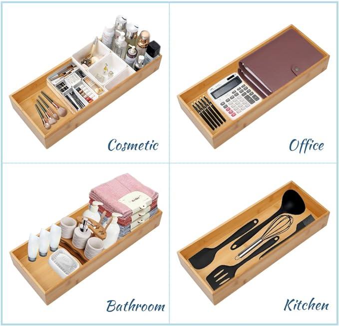 Bamboo Drawer Organizer - Kitchen Utensil Organizer Silverware Tray Cutlery Holder，Office Desk Supplies and Accessories (12x5.9x2.6 inch)