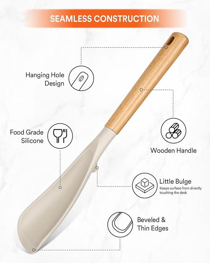 Multifunction Spatula Spoon for Nonstick Cookwares, Great for Cooking and Serving, Sturdy BPA-Free Matte Silicone, Wood Handle Spatula for Mixing, Scoop, and Scrape, Khaki(2 pack,11.4