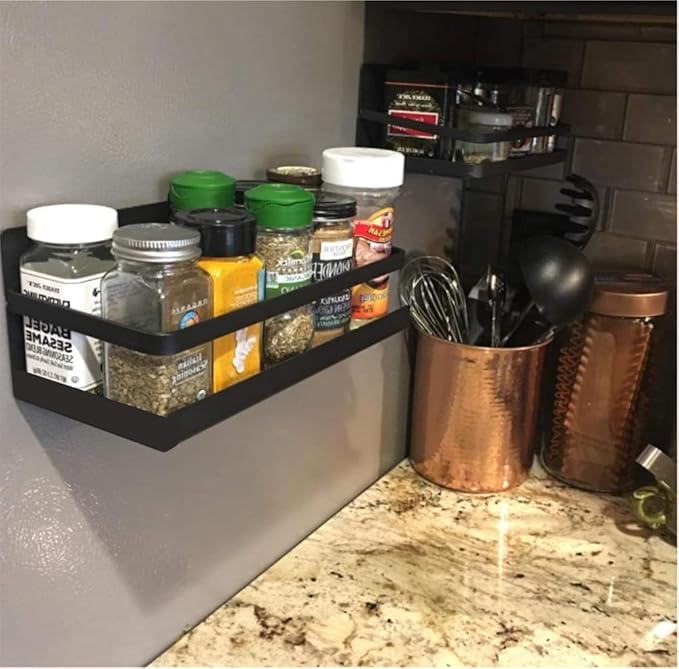 Magnetic Spice Rack Holder Paper Towel Holder with Hook for Refrigerator Fridge Organizer for Kitchen, Space Saver Container for Kitchen/Apartment, Drill Free, Black，3 Packs