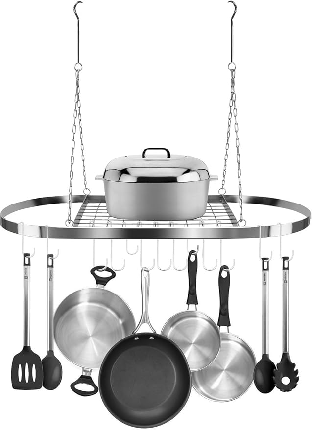 Sorbus® Pot and Pan Rack for Ceiling with Hooks — Decorative Oval Mounted Storage Rack — Multi-Purpose Organizer for Home, Restaurant, Kitchen Cookware, Utensils, Books, Household (Hanging Chrome)