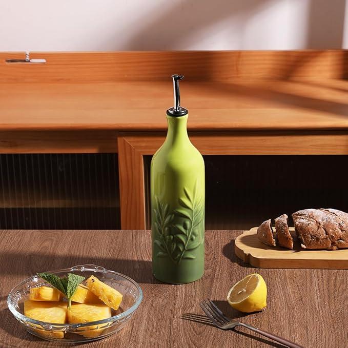 Sweejar Large Ceramic Olive Oil Dispenser Bottle, 24 Oz Relief Opaque Oil Cruet Protects Oil To Reduce Oxidation, Storage Vinegar, Soy Sauce, Coffee Syrup, Liquids, Set of 1 (Gradient Green)