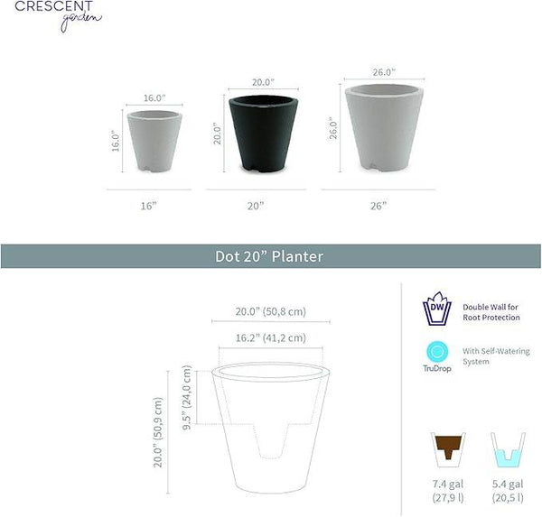 Crescent Garden Dot TruDrop Indoor/Outdoor Planter, Self-Watering Plant Pot, 20 Inches, (Alpine White)