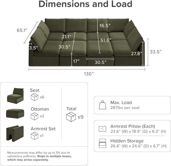 mopio Oversized Modular Sectional Sofa with Fully Removable Covers and Storage, Convertible U, L-Shaped and Sleeper Sectional, Modern Couches with Ottoman Chaise (Olive Green Velvet, 8 Seats, Sleeper)