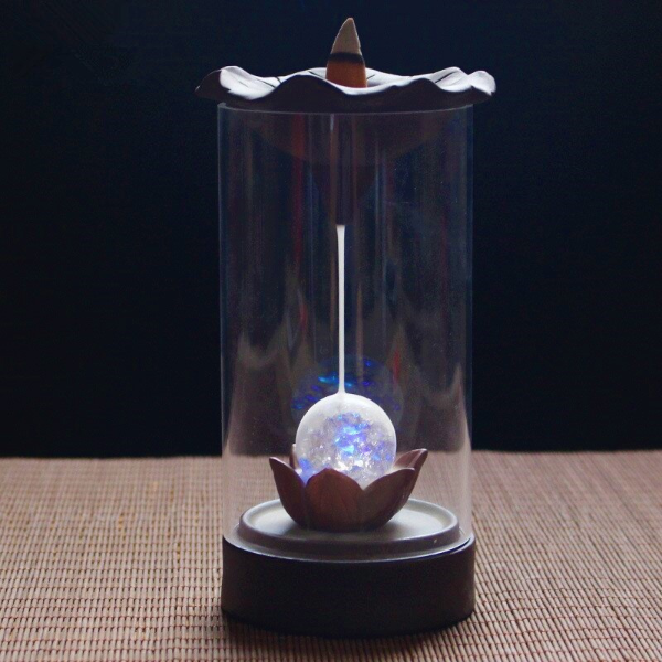 Lotus Crystal Ball Glass Backflow Incense Burner With LED