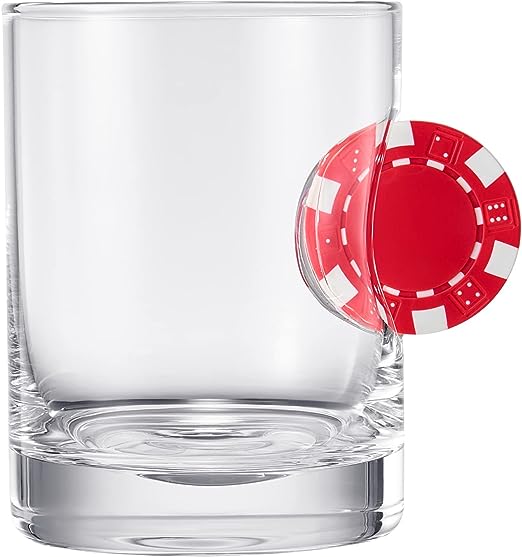 Poker Chip Whiskey & Wine Glasses | SINGLE | Up The Ante Stuck In The Glass Poker Chip Cocktail Glassware, Gambler Gift, Artisanal Crystal Glassware - Gift Idea for Him, Summer, Housewarming (20 OZ)