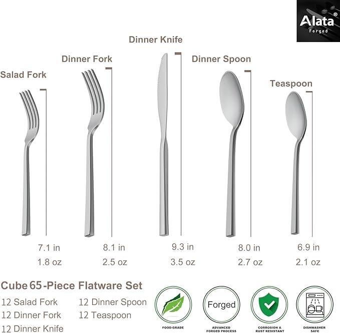 Alata Cube 65-Piece Forged Stainless Steel Flatware Set Cutlery Set with Utensil-Serving Set, Silverware Set Service for 12, Mirror Finish, Dishwasher Safe