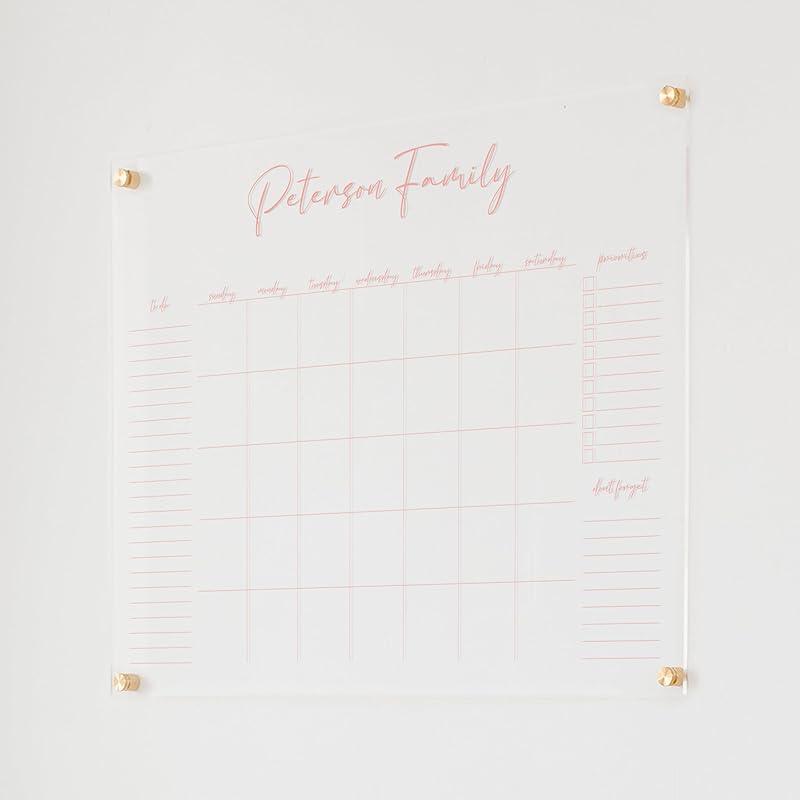 Personalized Clear Acrylic Calendar for Wall, Calendar Whiteboard for Wall, Dry Erase Wall Calendar, Wall Calendar Organizer System for Home (Cursive, Blush, 31