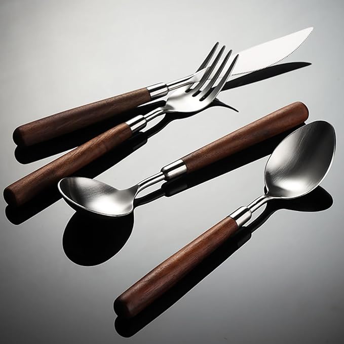 Flatware Set Wood Silverware Set for 12, Cutlery 18/8 Stainless Steel Home Kitchen Utensils Include Knifes Forks and Spoons Tableware Set Durable Dishwasher Safe 48 Piece
