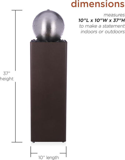 Alpine Corporation CPS188 Indoor Outdoor Modern Metal Orb Water Floor Fountain with River Rock Stone for Patio, Garden and Living Room, 37
