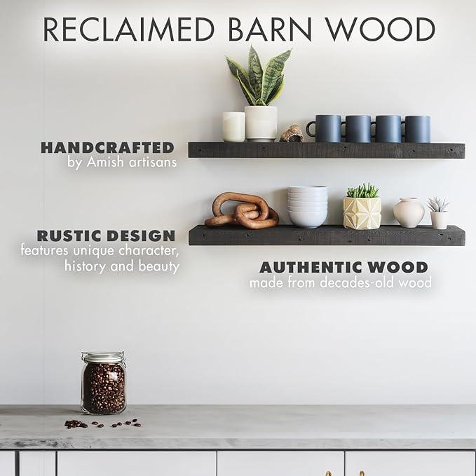 Urban Legacy Reclaimed Barnwood Planks | Floating Shelves for Wall w/Flush Mount Shelf Bracket Set Included | Set of 2 (Coffee Bean, 48