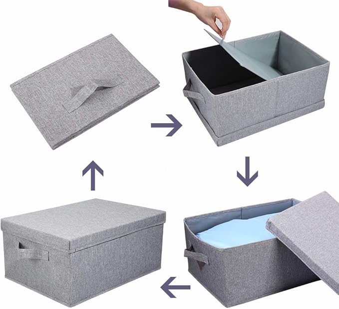HOONEX Linen Foldable Storage Bins with Lids, 2 Pack, Storage Boxes with Carrying Handles and Sturdy Heavy Cardboard, 16.5