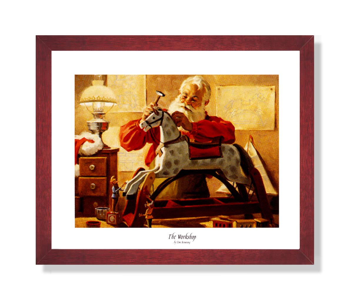 Christmas Art Print - Santa Claus Rocking Horse Framed Wall Art 16x20 Cherry Wood