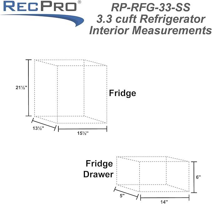 RecPro 3.3 Cu Ft 12V RV Refrigerator | Stainless Steel Frost-Free Fridge with Can Holder | Compact Camper Fridge with Door Storage, 7 Temp Settings | 19”W x 19”D x 32.75”H