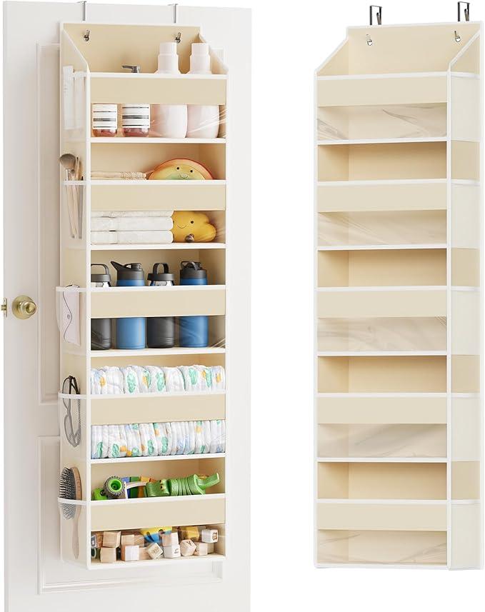 SpaceAid 1 Pack Over The Door Organizer with 5 Large Pockets and 10 Mesh Side Pockets, 5 Layers Door Organizer Hanging with Clear Window for Bedroom, Bathroom, Pantry and Nursery, Beige