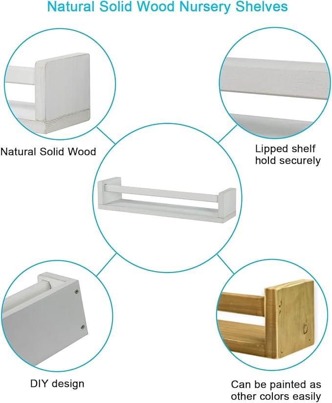 Nursery Book Shelves | Set of 2 Wood Floating Shelves for Kids Room, Kitchen Spice Rack, or Rustic Wall Mounted | Farmhouse Bathroom Décor (White)
