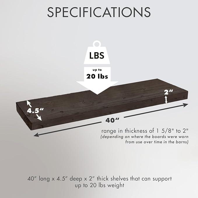 Urban Legacy Reclaimed Barnwood Planks | Floating Shelves for Wall w/Flush Mount Shelf Bracket Set Included | Set of 2 (Coffee Bean, 40