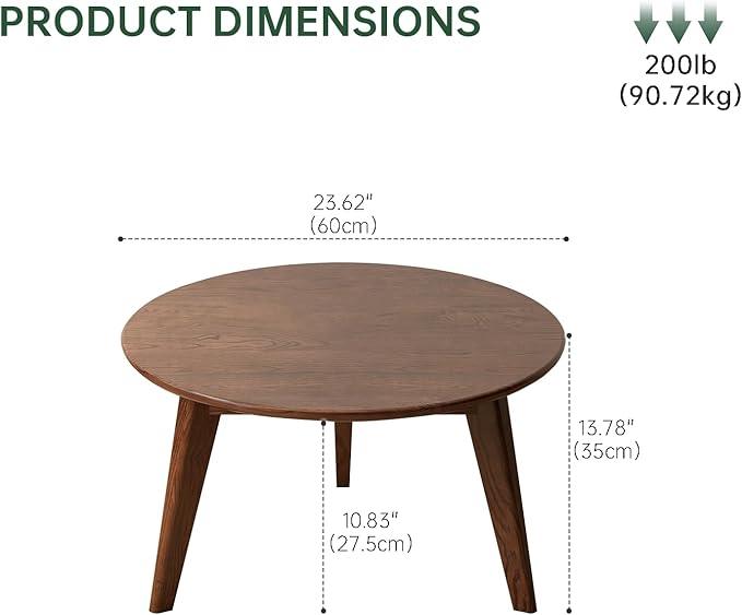 100% Solid Oak Wood Mini Coffee Table, Round Living Room Table Side Table w/Solid Wood Legs, Walnut Mid Century Sturdy Tables for Bedroom Balcony Living Room (23.62