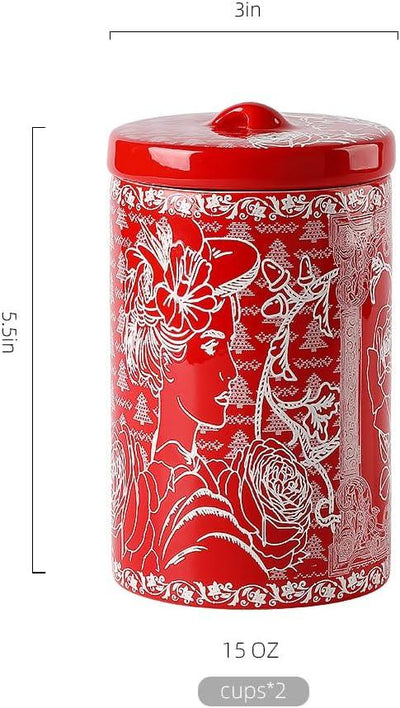 Porlien Lady Porcelain 15-ounce Canisters Set of 2, Food Storage Containers with Lid for Coffee Beans, Tea, Condiments & Nuts, Gifts for Mothers'Day, Thanksgiving, Christmas, Valentine’s Day