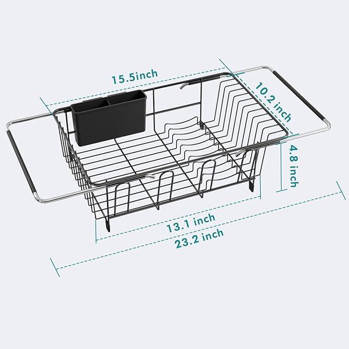 Dish Drying Rack in Sink, Over The Sink Colander Strainer Basket, Stainless Steel Strainer Basket with Expandable Rubber Grip Handles for Vegetables, Fruits, Home Kitchen Essentials, Black
