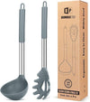 Silicone Pasta Fork and Ladle Spoon Set, Large Non Stick Kitchen Utensils for Cooking,Stirring,Serving Spaghetti, Soup, Sauce (GRAY)