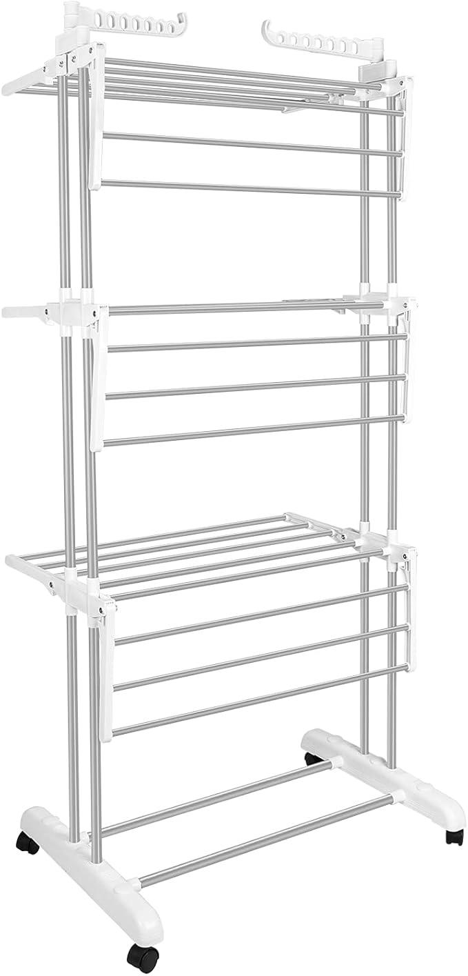Bigzzia Clothes Drying Rack, Folding Stainless Steel Drying Rack Clothing Indoor Outdoor, Space-Saving, 4 Tier Laundry Drying Rack with Two Side Wings -Grey White