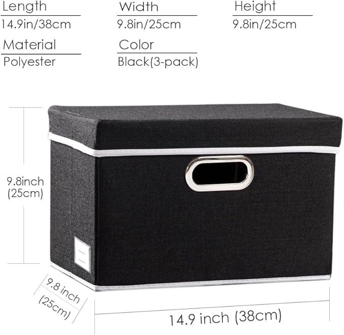 PRANDOM Foldable Storage Bin with Lid [5-Pack] Linen Fabric Decorative Storage Box Organizer Container Basket Cube with Handles Divider for Closet Office Living Room Black(14.9x9.8x9.8)