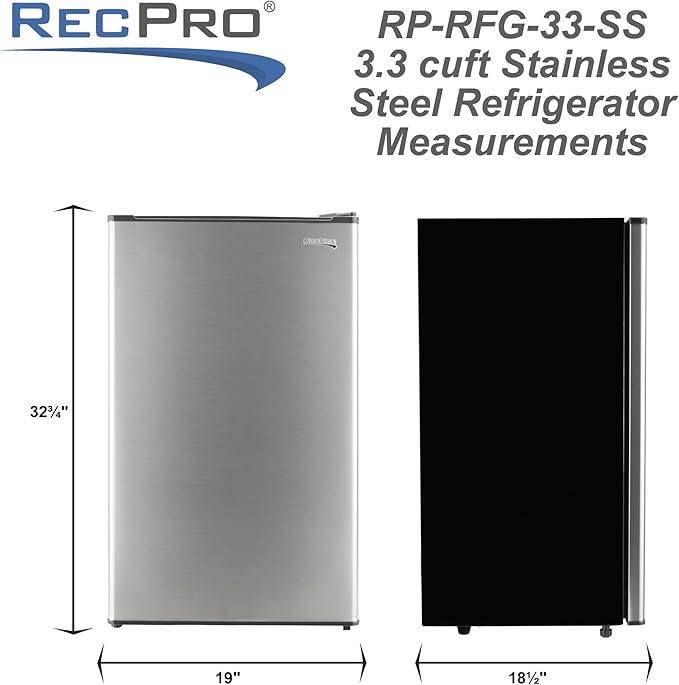 RecPro 3.3 Cu Ft 12V RV Refrigerator | Stainless Steel Frost-Free Fridge with Can Holder | Compact Camper Fridge with Door Storage, 7 Temp Settings | 19”W x 19”D x 32.75”H