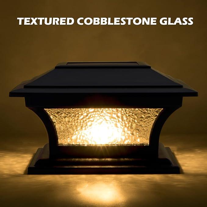 SIEDiNLAR Solar Post Cap Lights Outdoor Glass LED Fence Deck Light 2 Modes for 4x4 5x5 6x6 Wooden Vinyl Posts Patio Garden Decoration Warm White/Cool White Lighting Black (6 Pack)