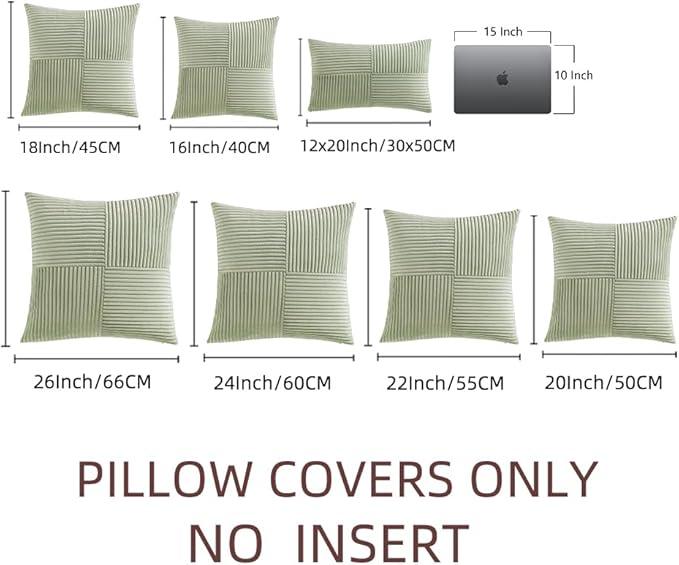 Fancy Homi 2 Packs Sage Green Decorative Throw Pillow Covers 18x18 Inch for Living Room Couch Bed Sofa, Farmhouse Boho Home Decor, Soft Corss Corduroy Patchwork Textured Square Cushion Case 45x45 cm