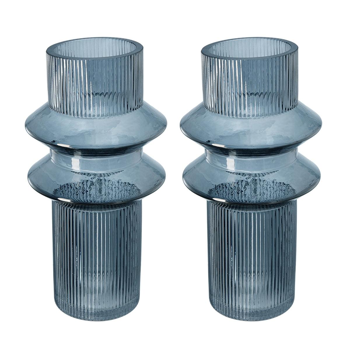 Set of 2 Blue Smoked  Modern Geometric Glass Vase
