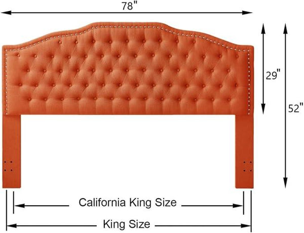 24KF Upholstered Button Tufted King Size Headboard with Nailhead Trim, Elegant Boucle Fabric California King headboard, 6031-K-Boucle-Orange