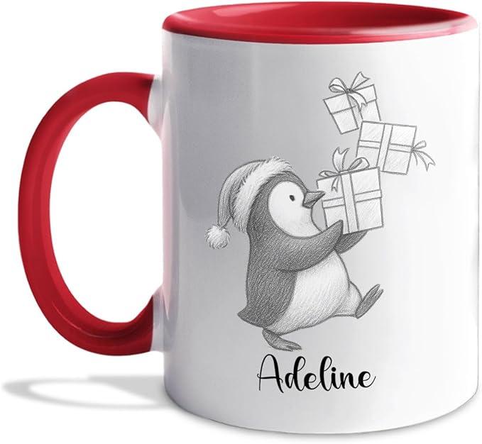 Personalized Penguin Accent Coffee Cup With Name, Cute Penguins Ceramic Mug Gift For Granddaughter Grandson Birthday, Customized Name Penguin White Coffee Mug 11 15 Oz, Novelty Penguins Lover Teacup