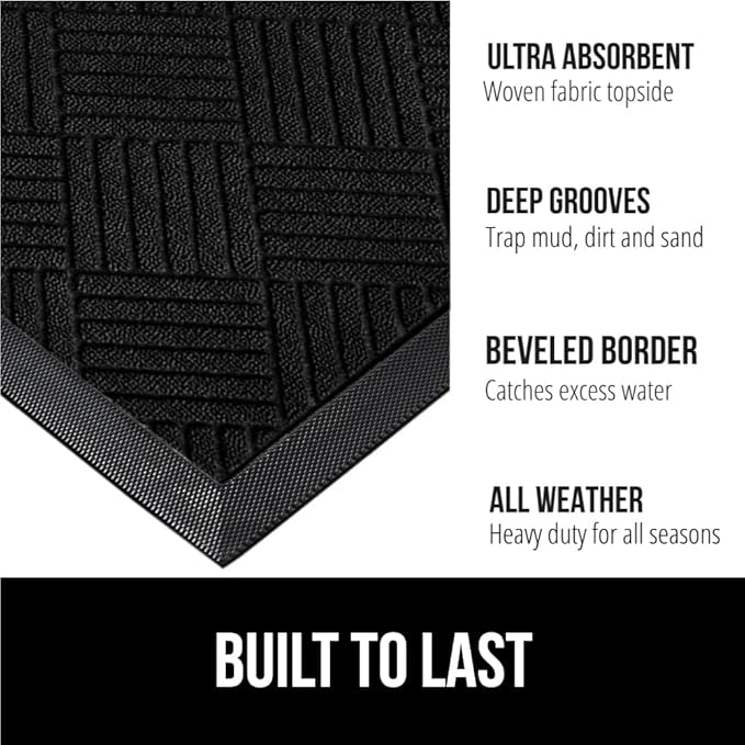 GORILLA GRIP 100% Waterproof All-Season WeatherMax Doormat US Designed Natural Rubber, Stain and Fade Resistant, Low Profile Indoor Outdoor Door Mats, Easy Clean Patio Mat, 23x35, Black Diamond