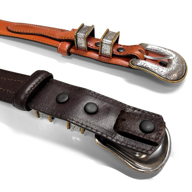 Western Ranger Antique Gold Engraved Buckle Genuine Cowhide Leather Belt