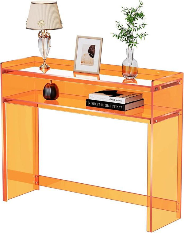 Acrylic Console Table, Entryway Table with Storage Shelves (1, 39.4 * 31.5 * 11.7 inches) (Orange)