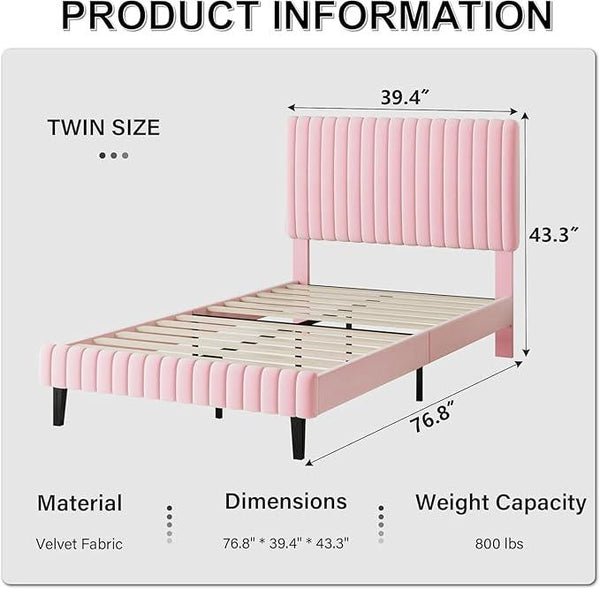 Twin Size Bed Frame, Velvet Upholstered Platform Bed with Vertical Channel Tufted Headboard and Footboard, No Box Spring Required, Easy Assembly, Pink