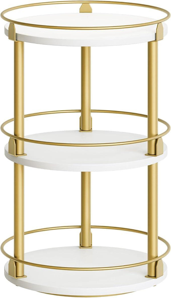 3-Tier Lazy Susan, Rotating Spice Rack, Spinning Organizer, Industrial Turntable Spice Rack for Cabinet, Kitchen Countertop, Pantry, White and Gold SR23DW
