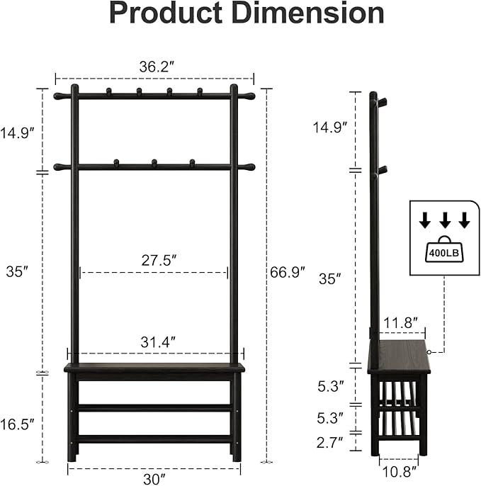 Coat Rack with Shoe Storage, Wooden Hall Tree with Bench, 11 Hooks and 2-Tier Storage Shelves, 3-in-1, Entryway Bench with Coat Rack (31.5
