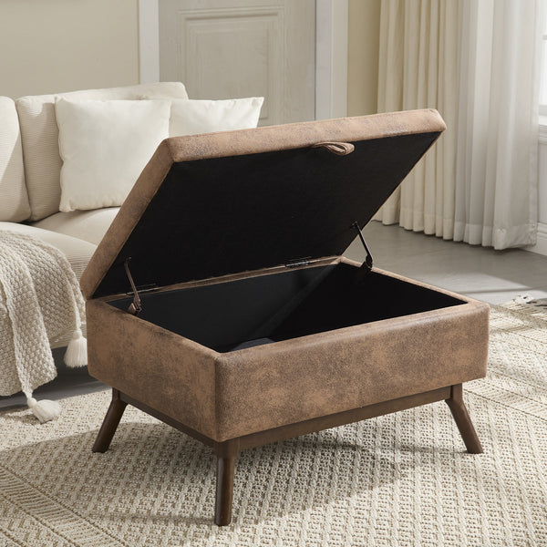 Mid-century modern square coffee table storage bench, assembled, suitable for living room, entryway and family room, used as a coffee table, stirrups, shoe bench