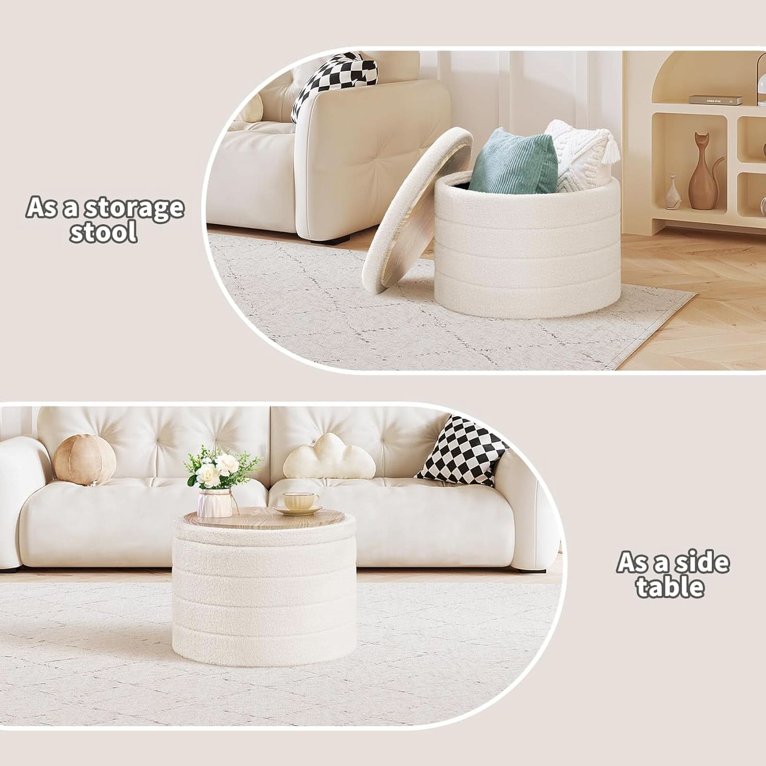 Rounded White Luxurious Boucle Storage Ottoman Lid