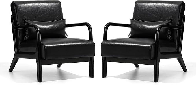 Glitzhome 2 Set Mid Century Black Accent Armchair, Single Reading Armchair PU Leather Lounge Chair with Walnut Ruberwood Frame