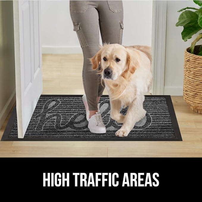 GORILLA GRIP 100% Waterproof All-Season WeatherMax Doormat 35x23, US Designed Natural Rubber, Stain and Fade Resistant, Low Profile Indoor Outdoor Door Mats, Easy Clean Patio Mat, Charcoal Hello