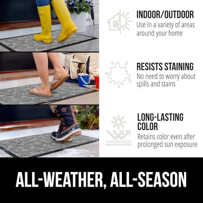 GORILLA GRIP 100% Waterproof All-Season WeatherMax Doormat, 47x35, US Designed Natural Rubber, Stain and Fade Resistant, Low Profile Indoor Outdoor Door Mats, Easy Clean Patio Mat, Light Gray Bones