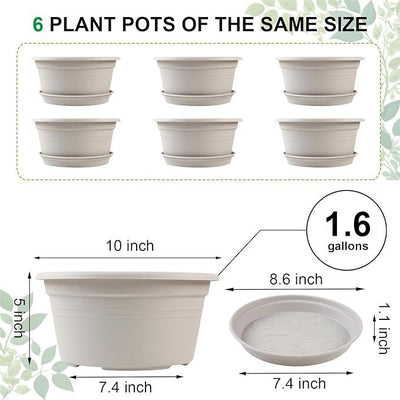 6 Pack 10 inch Plant Pot, Outdoor Pots for Plants with Drainage Hole & Tray Saucer, Round Plastic Plant Pot, Decoration Flower Pots for Indoor Plants Home Garden Outdoor Planters (White)