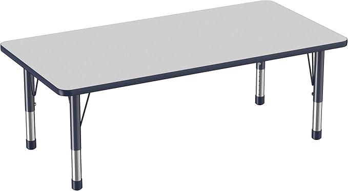 FDP Rectangle Activity School and Classroom Kids Table (30 x 60 inch), Toddler Legs, Adjustable Height 15-24 inches - Gray Top and Navy Edge